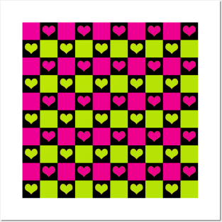 Checkerboard Hearts in Lime Green, Hot Pink and Black Posters and Art